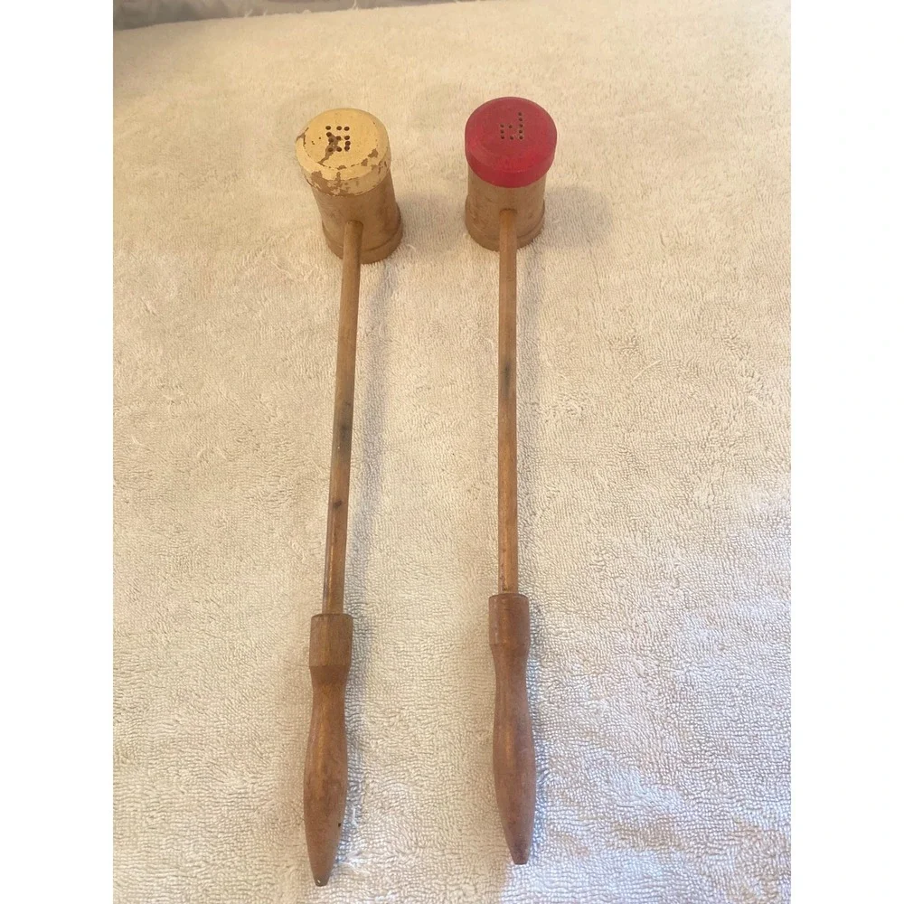 Vintage Long Handle Wooden Mallet Salt and Pepper Shakers Chef Face Set 14 Inch